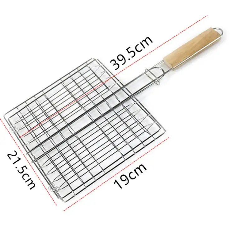 
outdoor grill fish barbecue tools Stainless steel wooden handle square grill net 