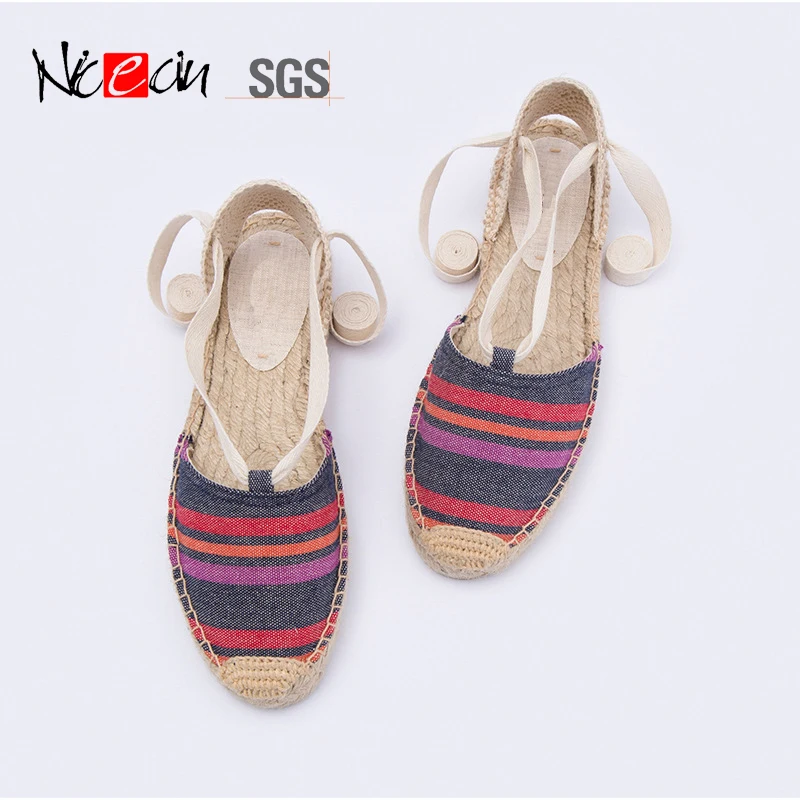 Custom stripe canvas casual ladies flat jute femmes sandals soles for platform espadrilles wedge womens