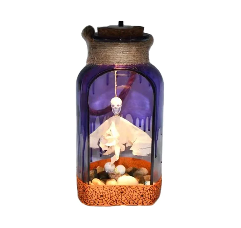Customized processing Halloween decorative props LED glowing glass jar spider bat hanging ghost skeleton