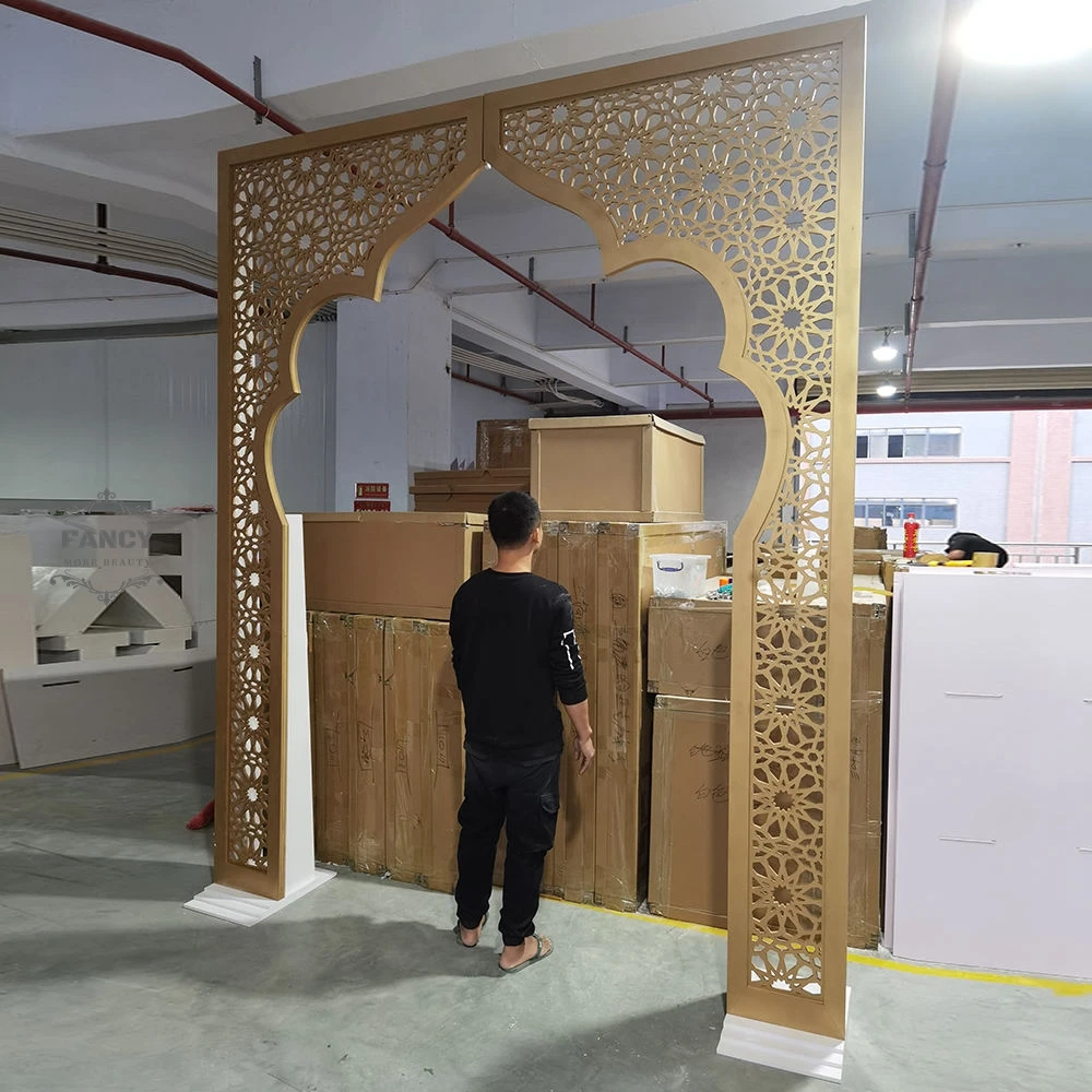 Gold Carved Islamic Design Wall Backdrop Wedding Props Arch Stage Background Acrylic Frame