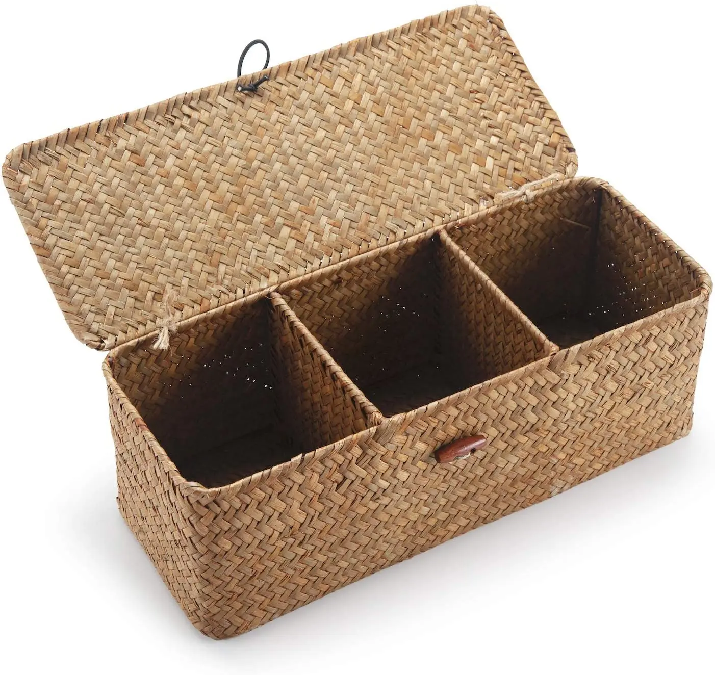 Seagrass Storage Basket with Lid Rectangular Small Woven Shelf Baskets with Sections for Organize Snack Toys