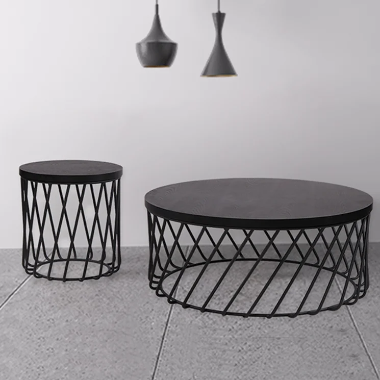 New design living room center round wooden coffee table set with metal storage basket