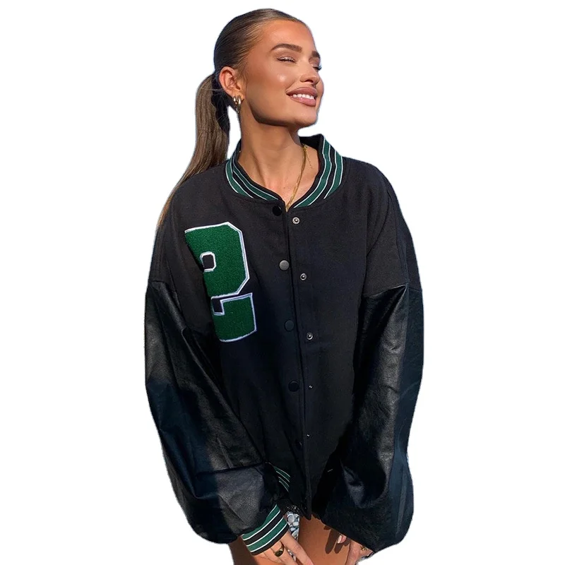 Fall Letterman Jacket Wholesale Hip Hop Unisex Stylish Oversized Coats Leather Sleeves Varsity Jackets For Women