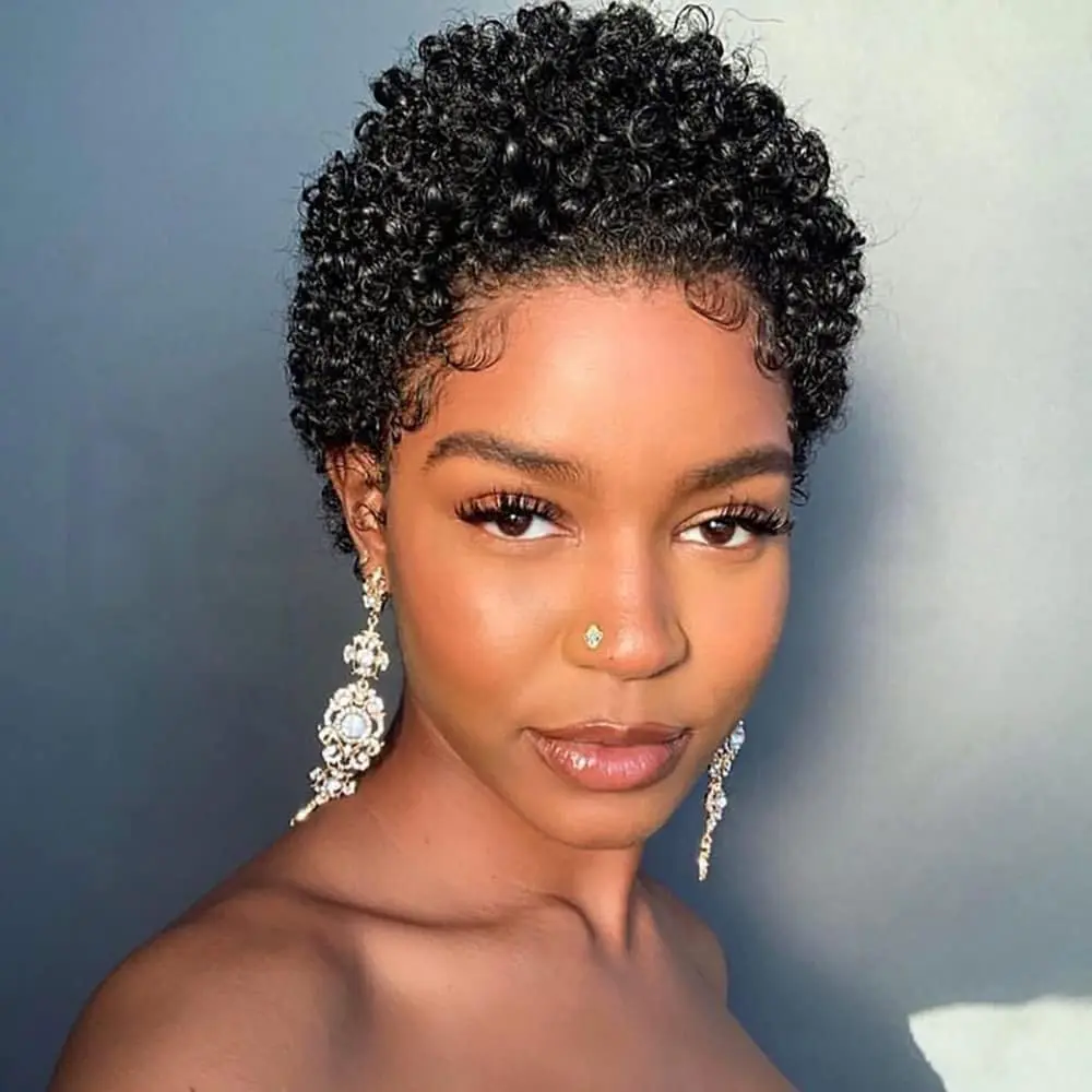 Afro Kinky Curly Human Hair Short Wigs for Women, Full Machine Made Wig Human Hair Pixie Cut Glueless Hair Wig Black Color