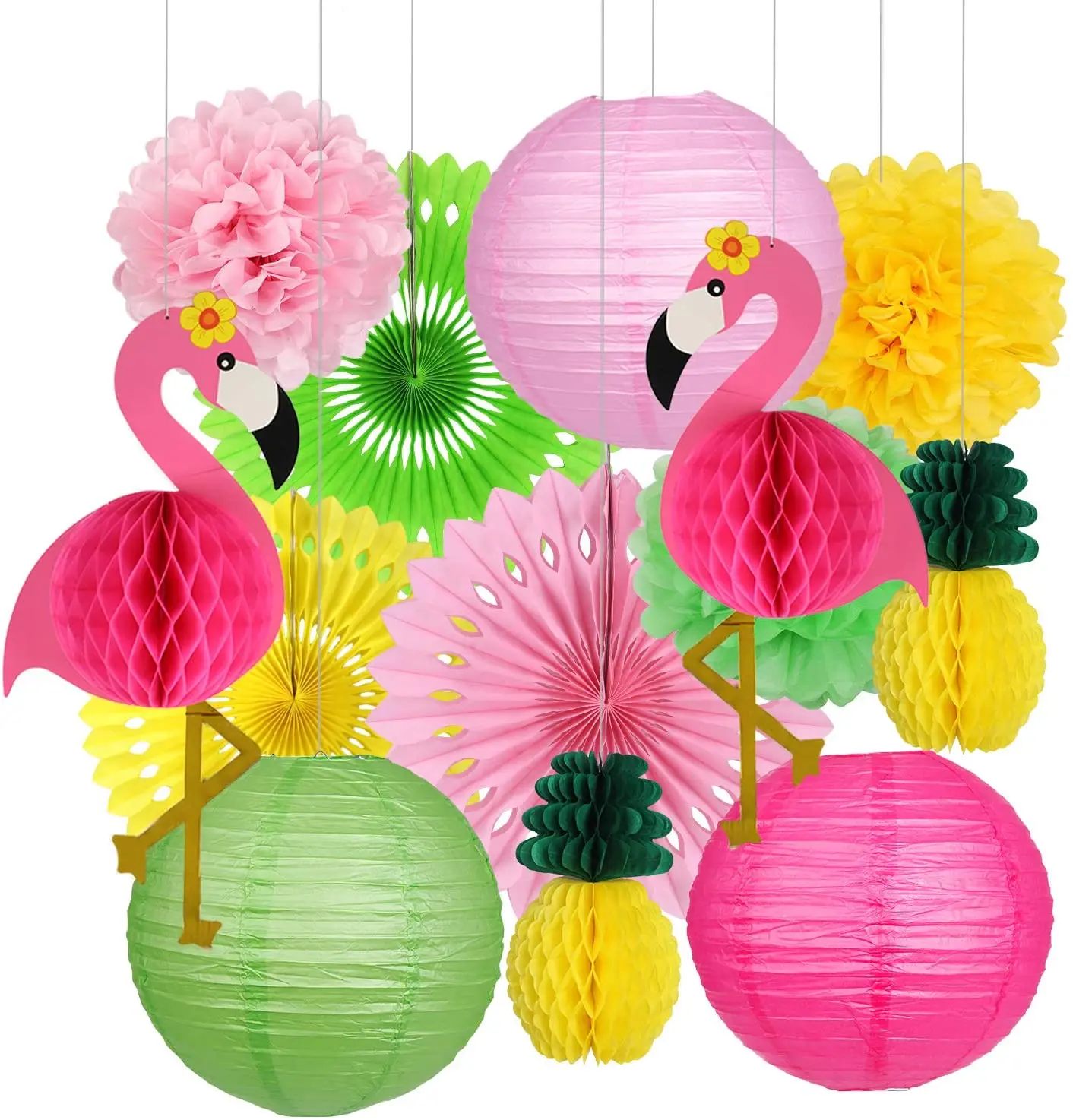 HKH summer holiday birthday party decoration jungle  Flamingo and Pineapple Honeycomb Ball Paper Lanterns.Fans.Pom poms