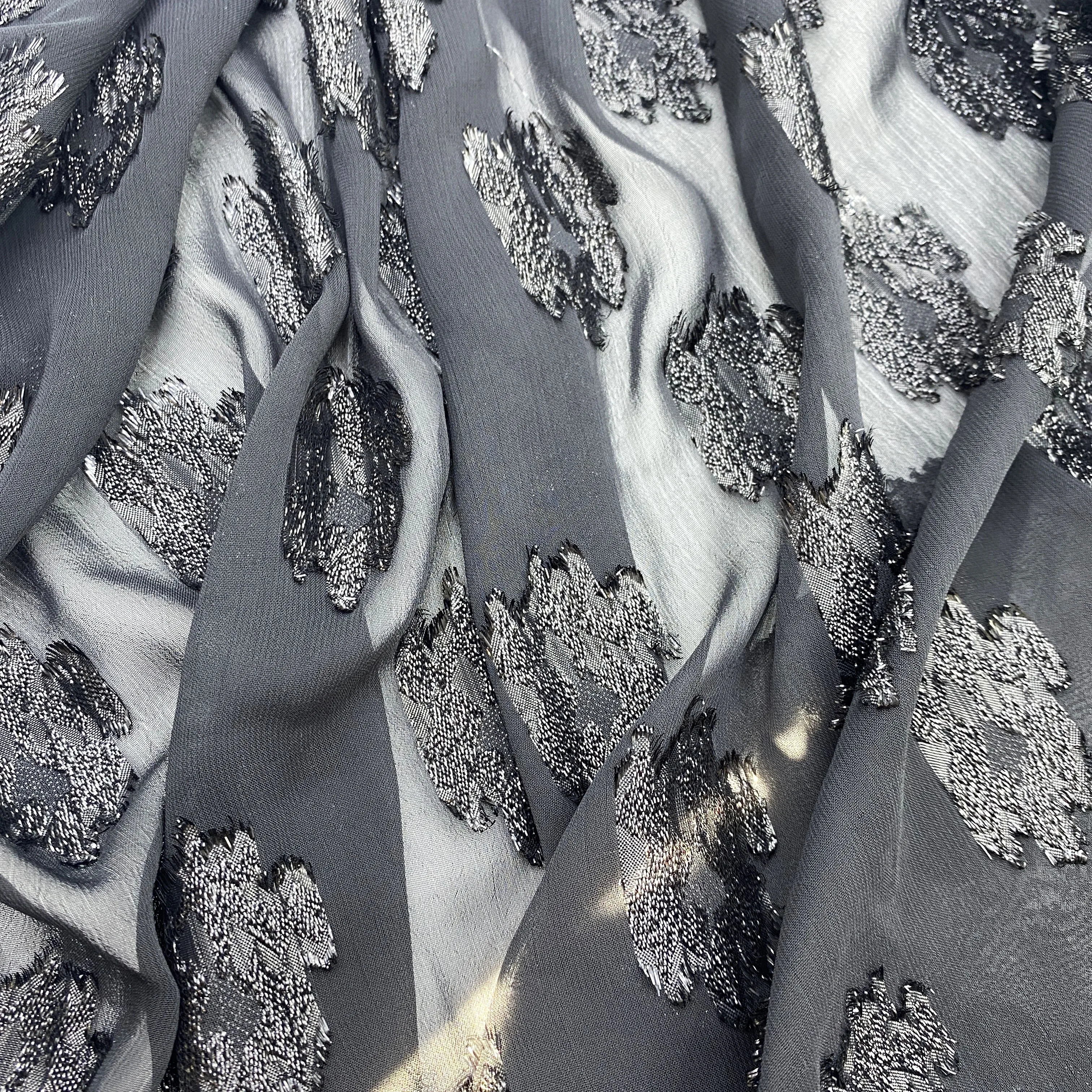 Custom wholesale high quality recycled polyester black glitter cut flower chiffon fabric material for clothing
