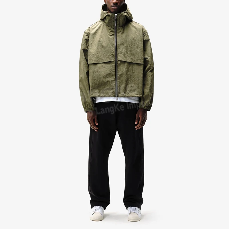 Custom LOGO Zipper Zip UP Waterproof Quick Dry Crinkle Plaid Nylon Coat Windbreaker Outdoor Jogging Unisex Drawstring Jacket