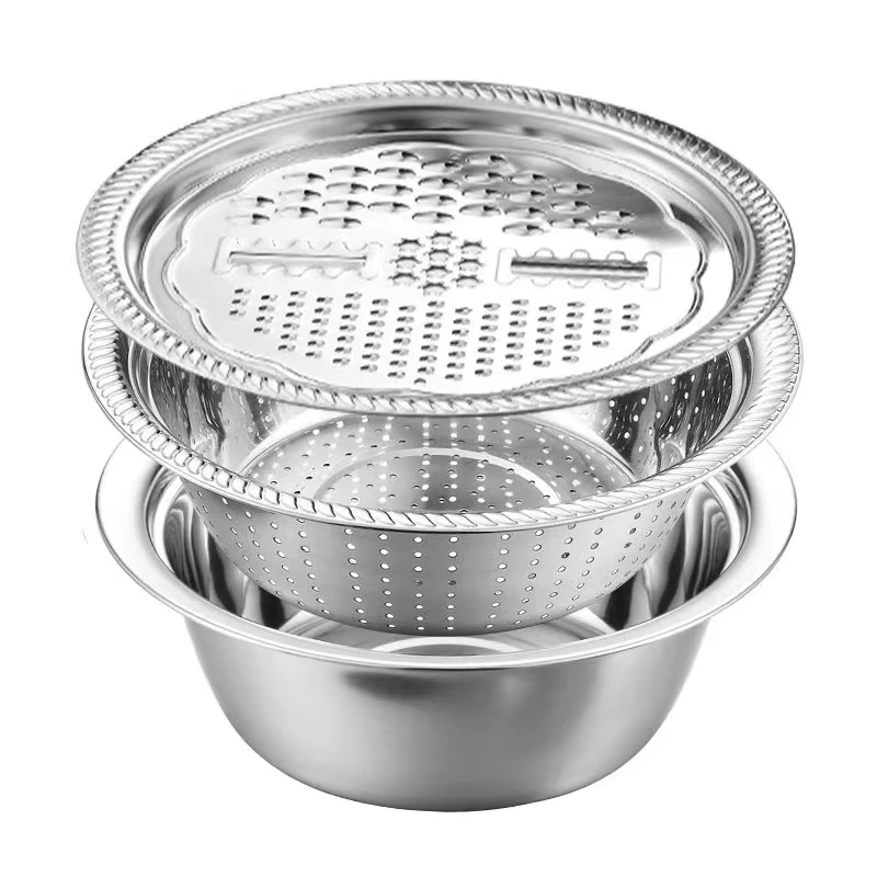 Factory  stainless steel  multi-function basin with  grater 3 in 1 vegetable cutter washing colander bowl set