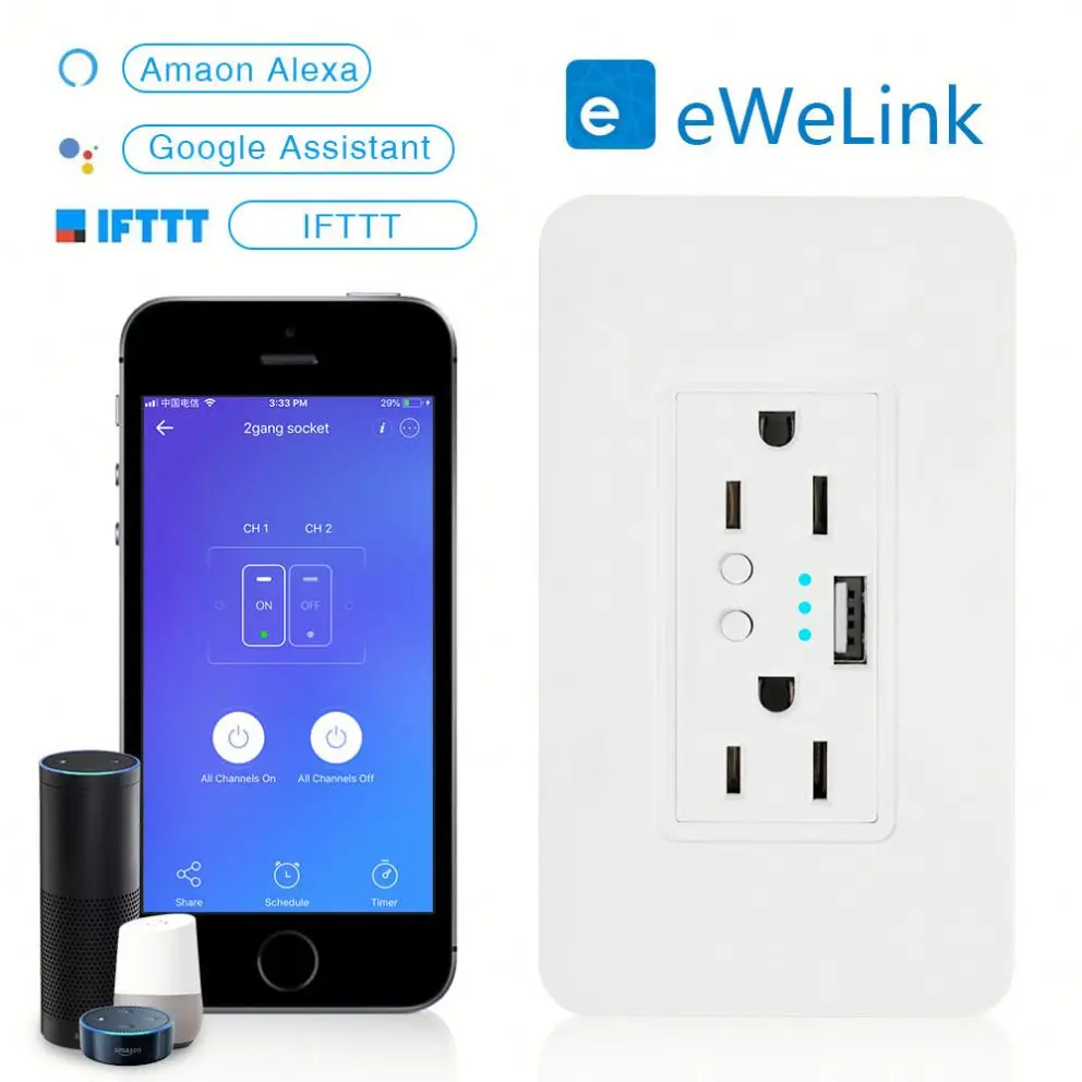 USA Type USB smart WIFI wall socket support Alexa and Google Home Smart wifi USB socket and plug