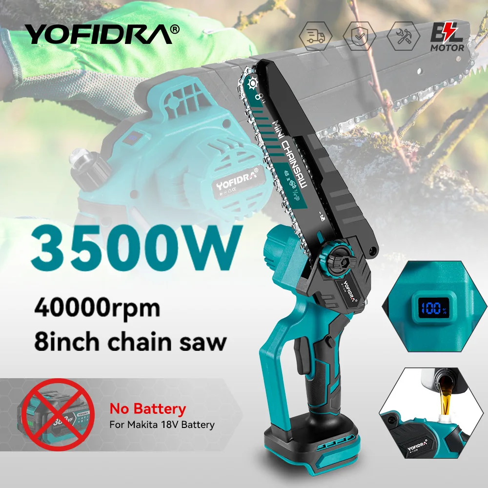 Yofidra  8 inch Brushless Chainsaw Bare Machine Makita Blue with Plastic Case for 18v Battery with Digital Display Mini Chainsaw