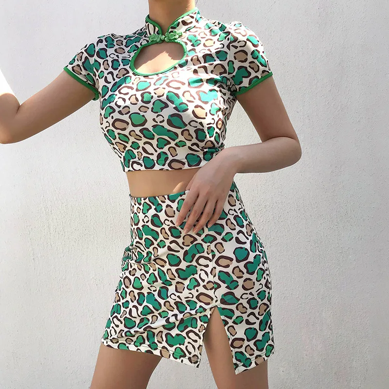 YH 2022 Summer Crop Tops Short Sleeve Sexy Cheongsam Style 2 Pieces Women Dress