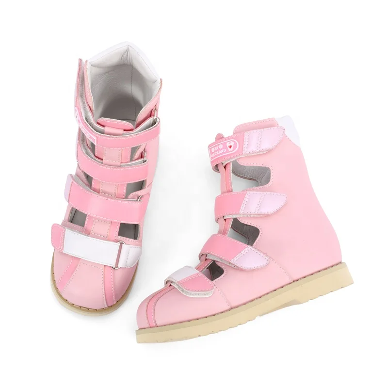 High ankle kid girls printing leather orthopedic safety shoes summer sandals for flat foot and club foot