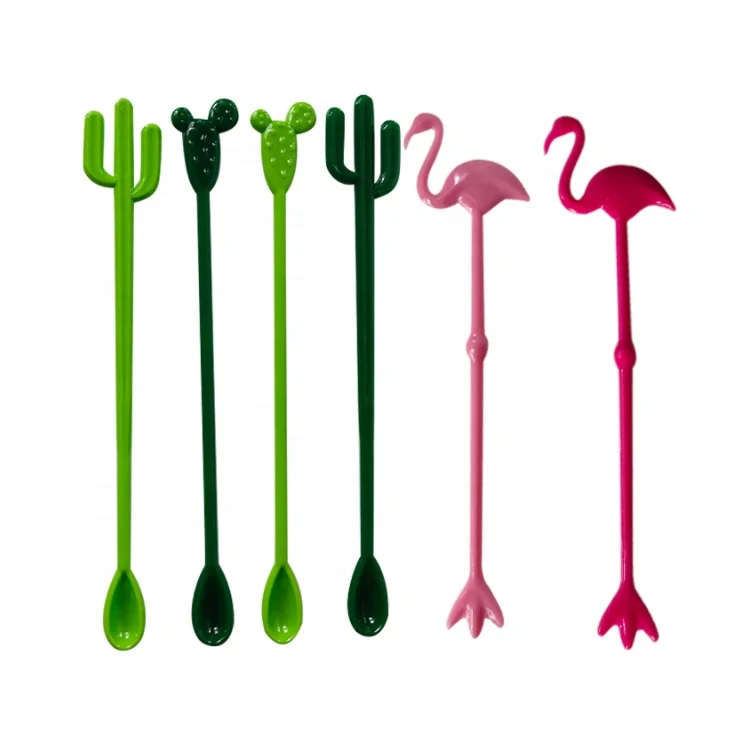 Plastic Cocktail Stirrer Spoon , Tropical Hawaiian Beach Party Drinking Accessories Cactus Flamingo Swizzle Stick