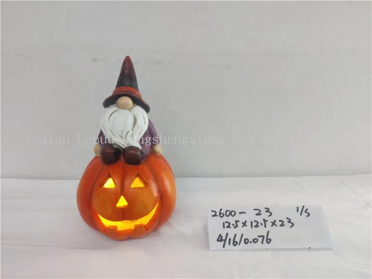 Party Decoration LED light Ceramic Halloween gnome with pumpkin Tealight Holder