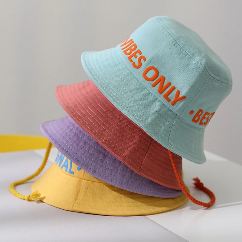 
Custom summer design embroidery rope kids fishing caps children bucket hat 