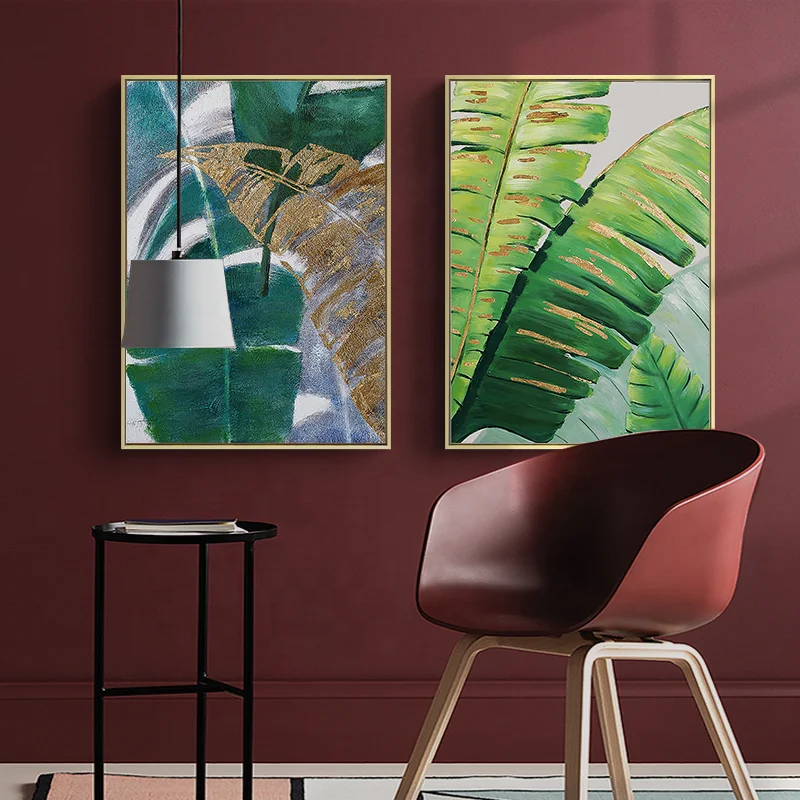 Large Size 100% Hand Painted Canvas Wall Painting Gold Foil Banana Leaf Abstract Scenery Acrylic Brushes Oil