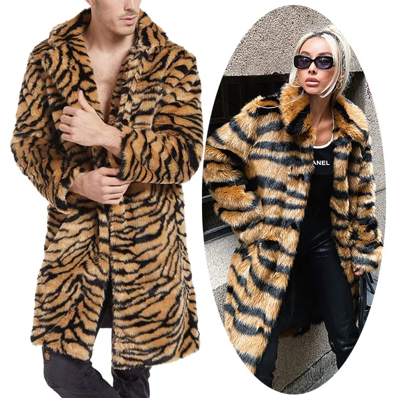 Mens Brown Faux Fur Coats Zebra Print Jacket Woolen Blazer Long Overcoat Tiger Print Tops Womens Cardigan Wool Coat