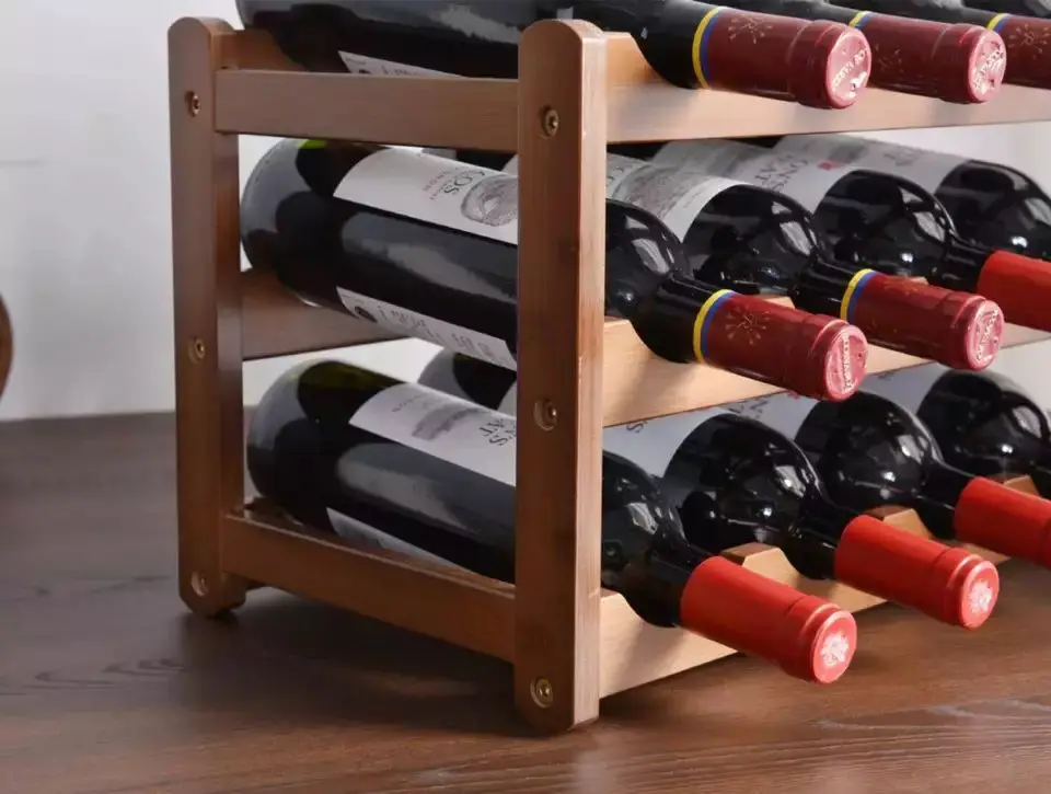 Customized High Quality 4 Tiers 16 Bottle Free Standing Bamboo Wine Glass Rack Table Top Storage Wall Wooden Wine Rack