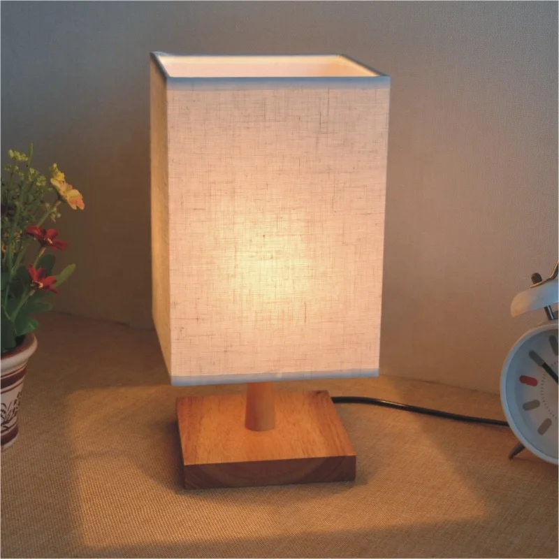 rectangular round linen fabric shade home wooden table lamp hotel beside lamp E27