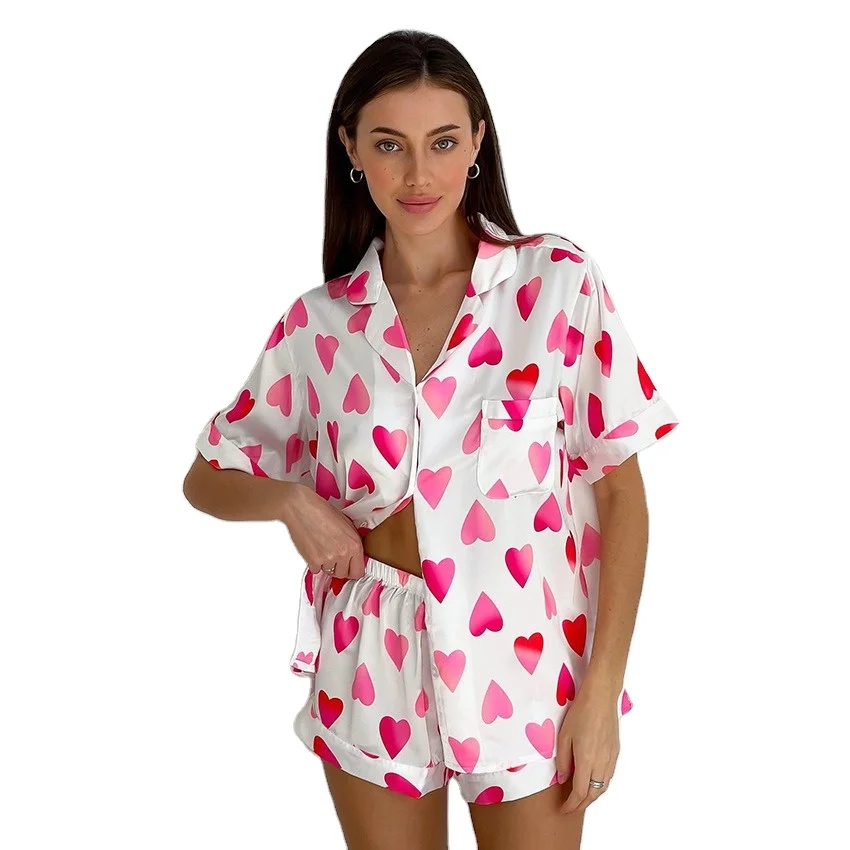 Custom Logo Ladies Knitted Lounge wear 2 Piece  Button Sleepwear Cute Heart Valentine Day Pajamas Sets Women