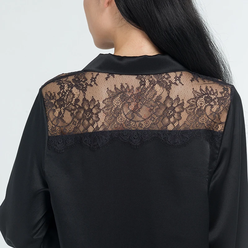 High Quality 22 Momme Silk Blouses With Lace Design 100% Mulberry Silk Sleep Shirt Dress