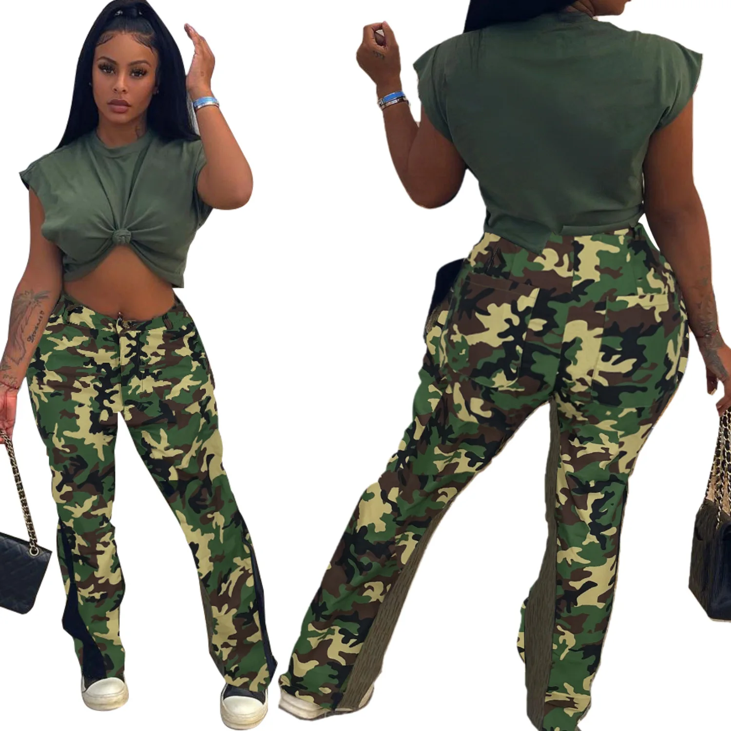 2022 high waist casual Patchwork Windbreak black cargo camouflage pants for women bell bottom flare pants women