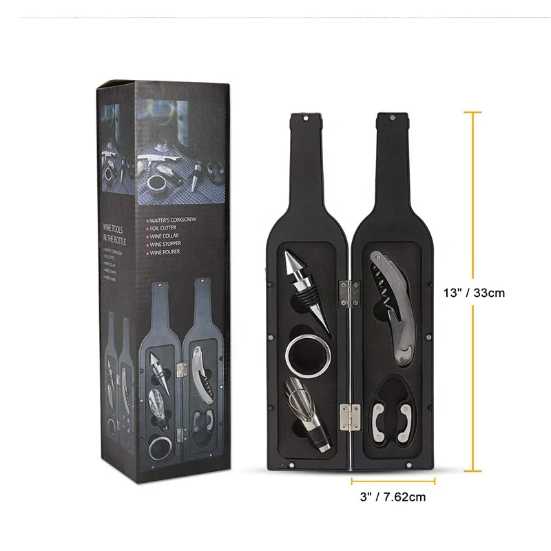 Hot selling 5pcs wine accessories gift set in ABS bottle shape case