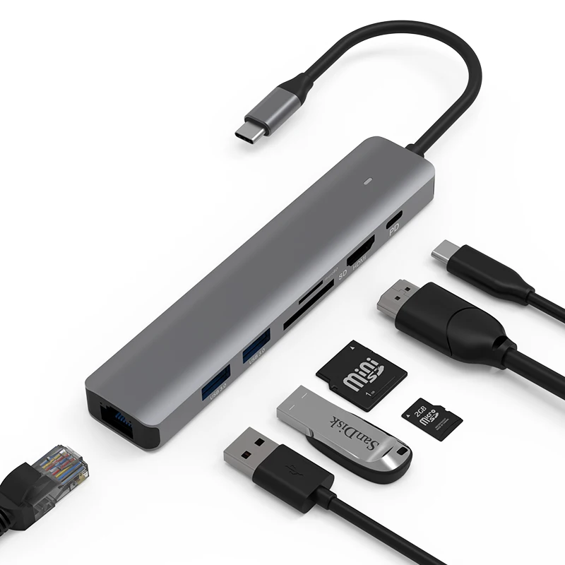 New Arrival 7 In 1 aluminum Usb Hub Docking Station Ethernet 4k hdtv pd  Usb Hub 3.0 Type C Usb Hub Wholesale