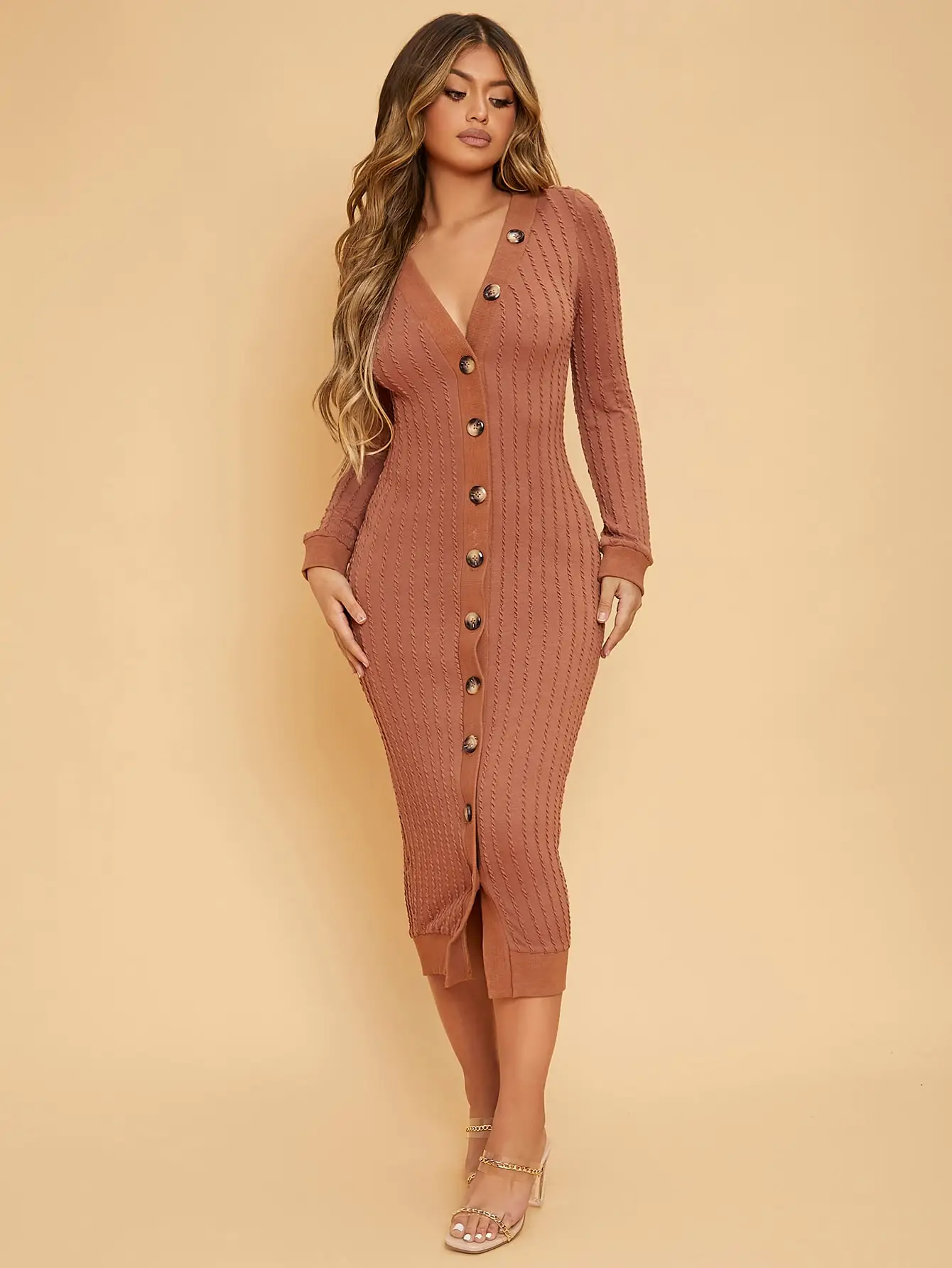 OEM Button Front Cable Knit Bodycon Dress, wholesale roupas femininas clothing,  sexy plus size womens dresses