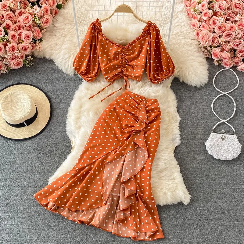 Floral Bubble Sleeve Short Jacket Seaside Holiday Suit High Waist Flounces Fishtail Skirt Summer