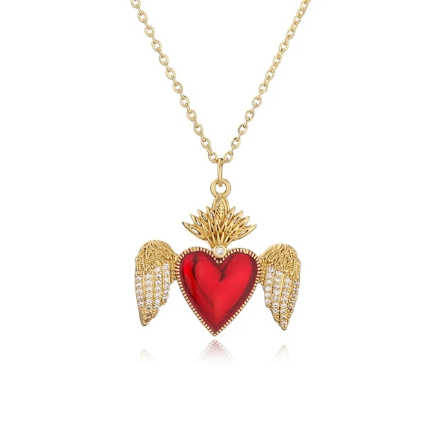 Hot Selling Dainty Choker Red Zircon Stone Necklaces Gold Plated Jewelry Women Mother Angel Heart Necklace