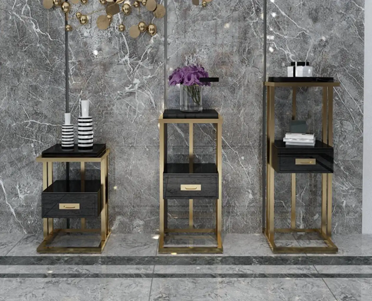 Modern Stainless Steel Plating Gold Hotel Round Marble Top End Table