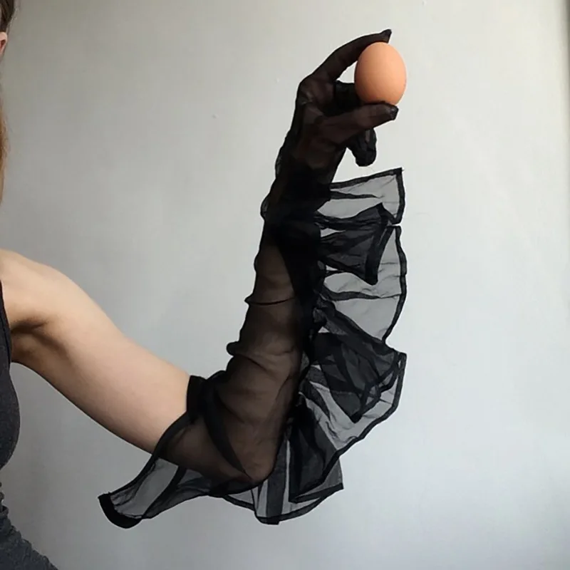 Elegant Big Puff Sleeves Polka Long Gloves Women Formal Prom Lace Gloves Stretchy Full Finger Mittens Tulle Mesh Arm sleeve