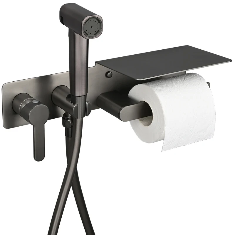 Solid Brass Portable Sprayer Toilet Bidet Set With Paper Holder Rack Hot and Cold Embedded Hygienic Bidet Taps Shower Spray Gold