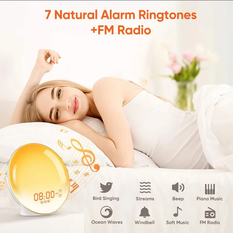 Smart Wake Up Light Sunrise Alarm Clock LED Colorful Atmosphere Lamp Kids Adults Bedrooms Night Light