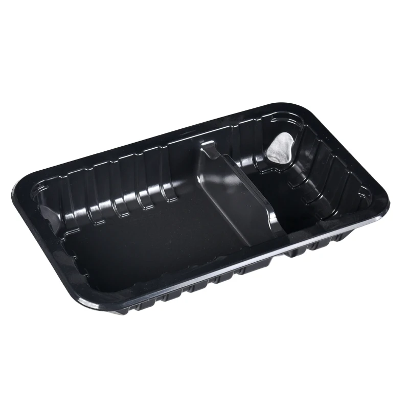 Lesui eco friendly 2 compartment black MAP food sealing tray vacuum fresh meat food packaging trays with high barrier lidding fi