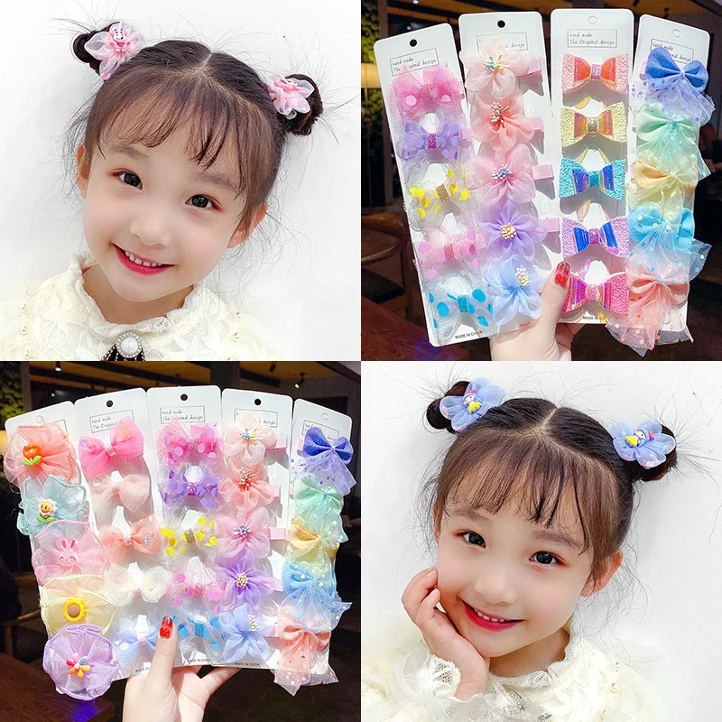 5pcs/Set Cute Flower Shape Hair Pin Mesh Fabric Rainbow Polka Dots Double Bow Hair Pin Set For Girls