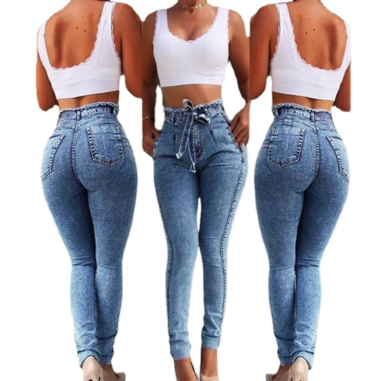 Lace-up Jeans for Women Slim Fit High Waist Pencil Trousers Vintage Elastic Women Straight Jeans Sexy Fashion Ankle Length Pants