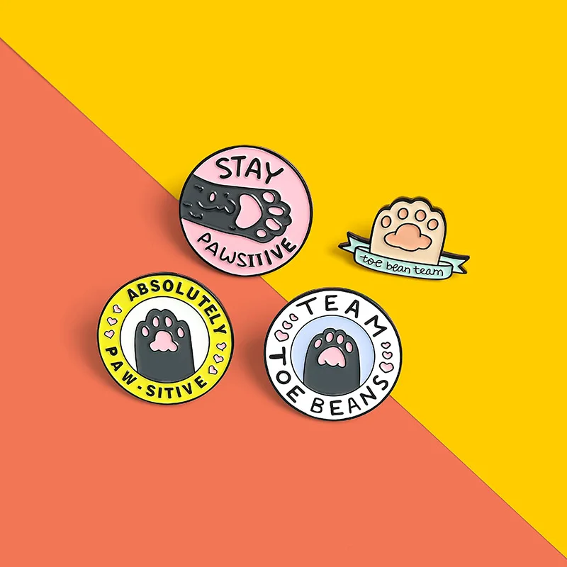 Cute Pink Stay Pawsitive Enamel Pin Dog cat Footprints Cartoon Funny Brooch lapel pin