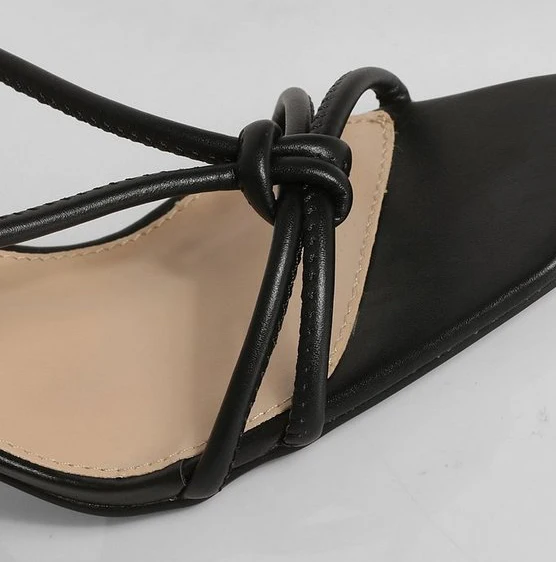 Black Wide Fit Strappy Knot Detail Block high Heels wide fit strappy Square toe sexy heels sandals