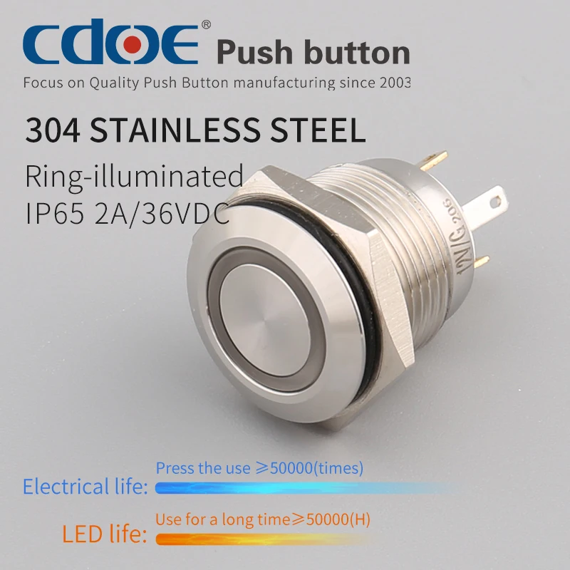 19mm flat head 1no SPST momentary 4 pins ring illuminated waterproof metal push button switch