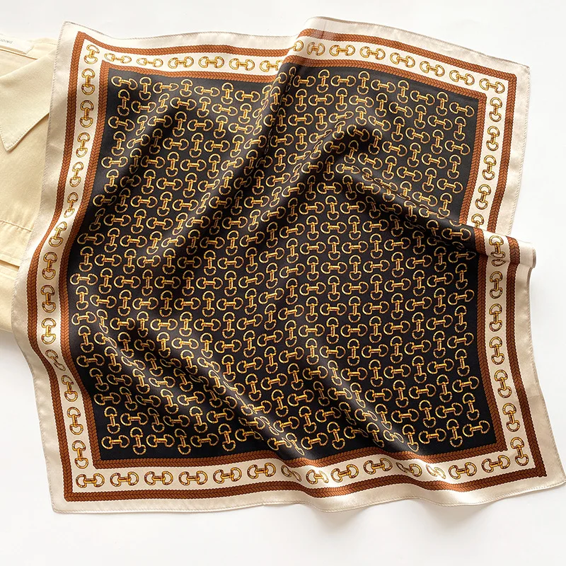 New light luxury fashion chain print small square hair bandanas 100% silk square scarf ladies 53cm mulberry silk neckerchief
