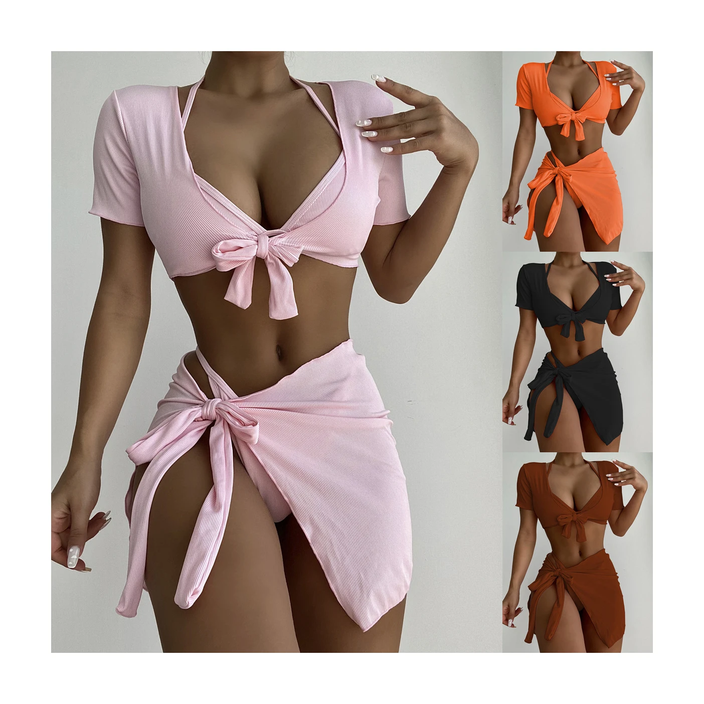 Оптовая продажа, новинка 2023, женские купальники из четырех частей, однотонные купальники для фитнеса, комплект из нескольких частей, бикини