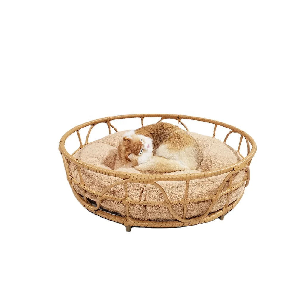 Wicker Cat Bed for Indoor Cats  a Covered Modern Cat Hideaway Hut of Rattan Houses Pets in Dome Basket
