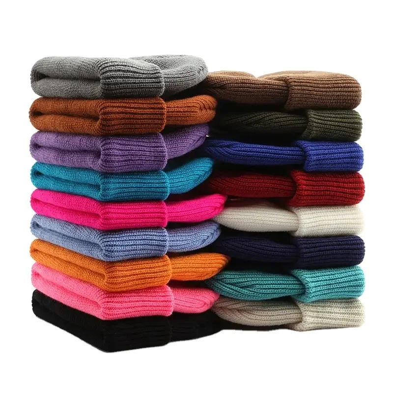 Customized embroidered solid color Knit Skull Cap Striped Winter Beanie Hat Cuffed Plain hats winter knitted hats for men
