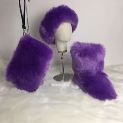 Fur Faux Women Matching Handbag conjunto de botas Fur Winter Woman And Purse Ankle Multicolor Furry Little Girl Mommy Boots Sets