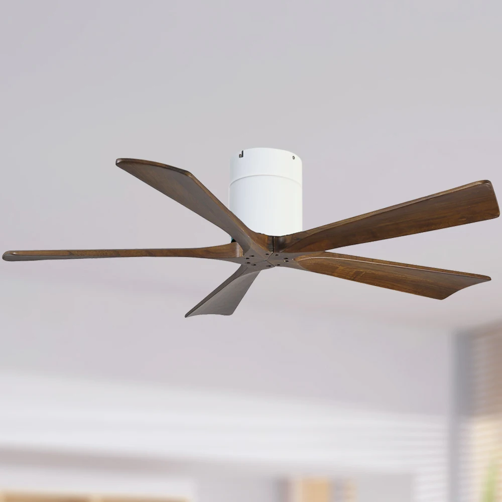 Modern Luxury Low High Noise Quality Hand Carved Light Duty Wood Easy Assembly Flush Mount Ceiling Fan With 5 Blades