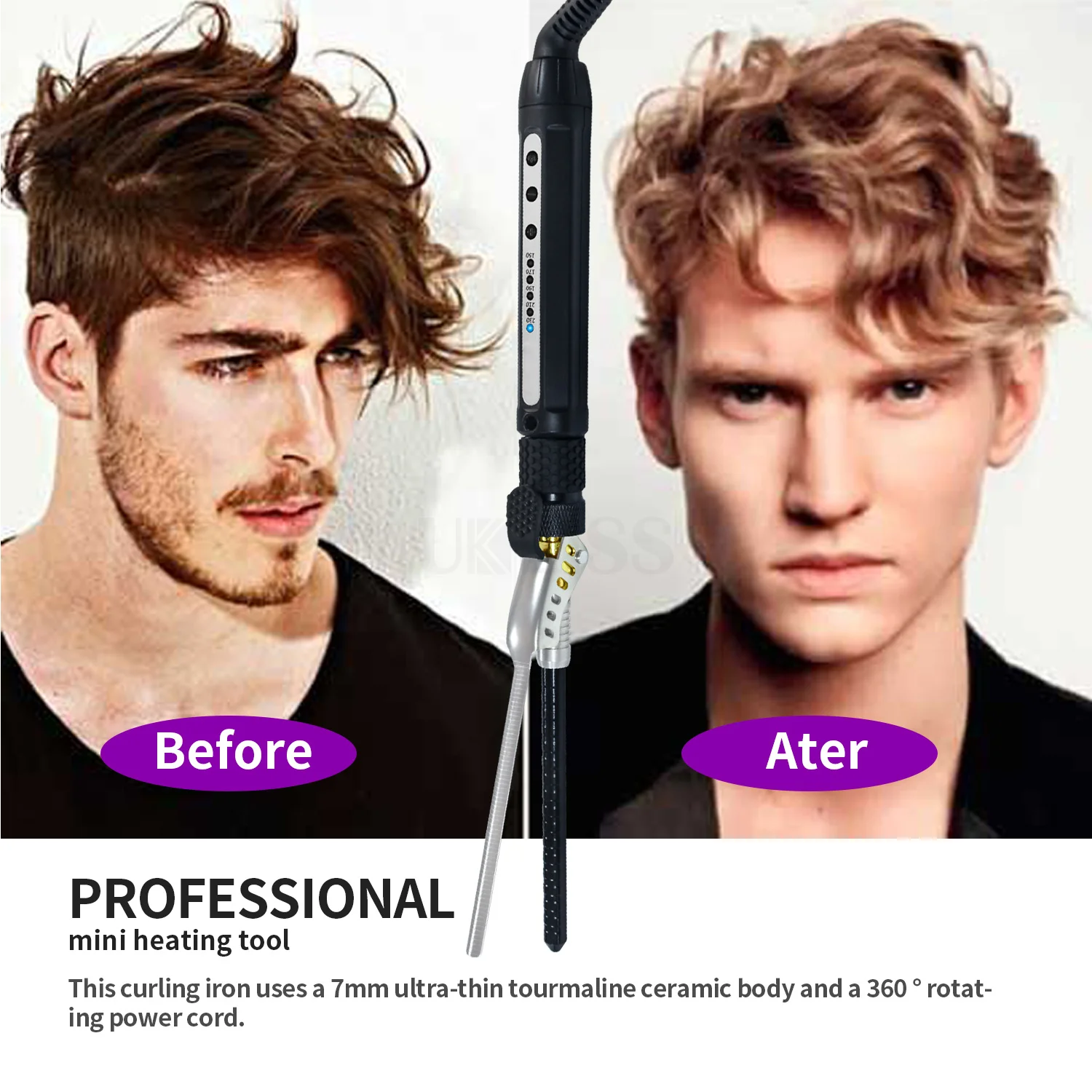 7mm Men Hot Portable Hair Styler Small Wave Curler Led Magic Wand Curling Iron