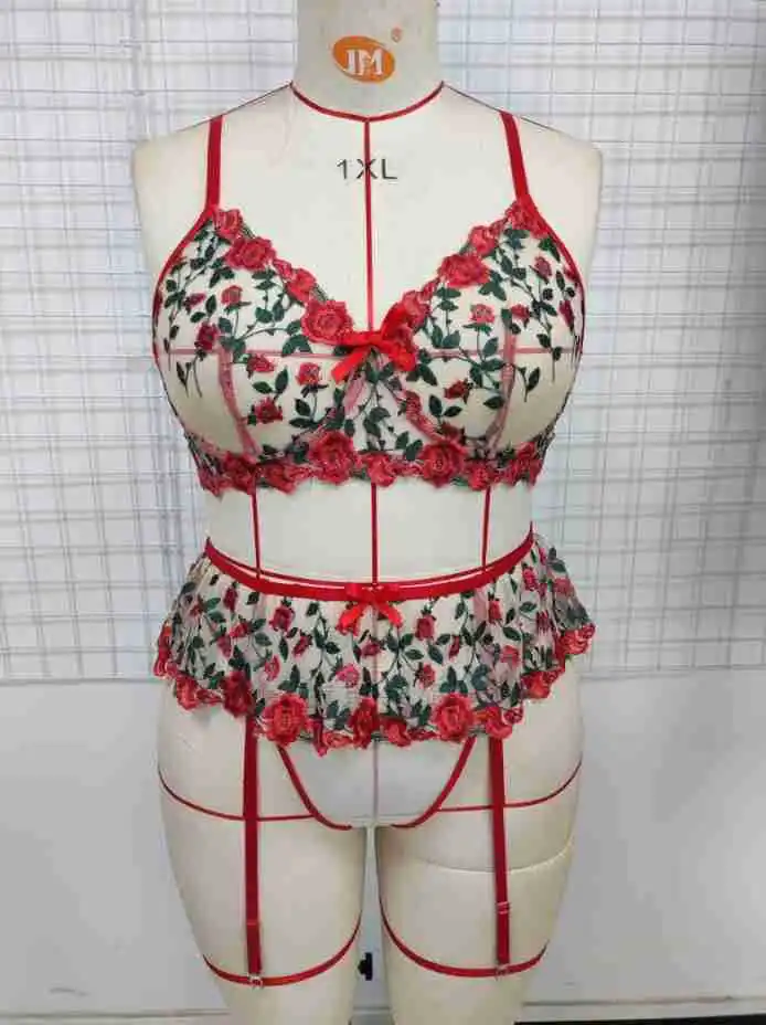 4XL Large Size Romantic Rose Flower Embroidery Ladies Sexy Lingerie Set Pleated Mini Skirt Garter Set