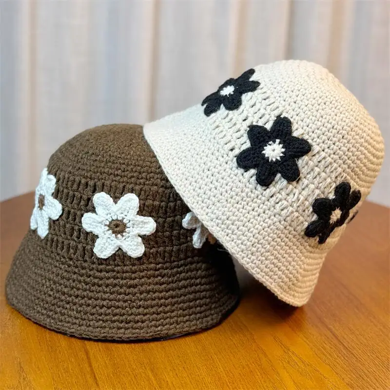 2025 New Personalized Flower Jacquard Solid Black White Red Coffee Grey Crochet Knitting Travel Sun Visor Bucket Cap Floral Hat